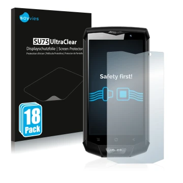 Parte frontal de un envase de producto con el logotipo de la marca Savvies. Al lado se muestra el dispositivo Blackview BV8000