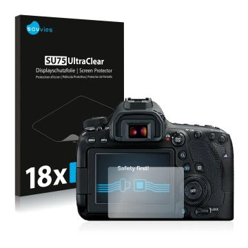 Parte frontal de un envase de producto con el logotipo de la marca Savvies. Al lado se muestra el dispositivo Canon EOS 6D Mar