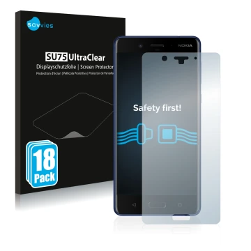 Parte frontal de un envase de producto con el logotipo de la marca Savvies. Al lado se muestra el dispositivo Nokia 8 con su p