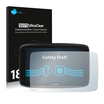 Parte frontal de un envase de producto con el logotipo de la marca Savvies. Al lado se muestra el dispositivo TomTom GO 6250 c