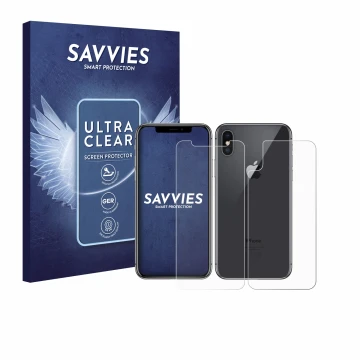 Parte frontal de un envase de producto con el logotipo de la marca Savvies. Al lado se muestra el dispositivo Apple iPhone X (