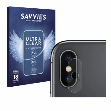 Parte frontal de un envase de producto con el logotipo de la marca Savvies. Al lado se muestra el dispositivo Apple iPhone X (