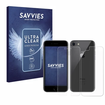 Parte frontal de un envase de producto con el logotipo de la marca Savvies. Al lado se muestra el dispositivo Apple iPhone 8 (