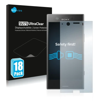 Parte frontal de un envase de producto con el logotipo de la marca Savvies. Al lado se muestra el dispositivo Sony Xperia XZ1 