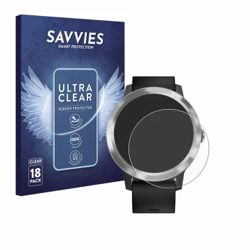 Parte frontal de un envase de producto con el logotipo de la marca Savvies. Al lado se muestra el dispositivo Garmin vivoactiv