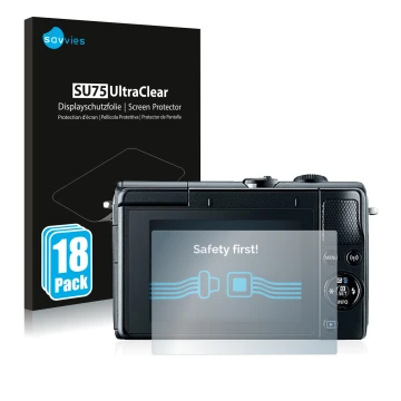 Parte frontal de un envase de producto con el logotipo de la marca Savvies. Al lado se muestra el dispositivo Canon EOS M100 c