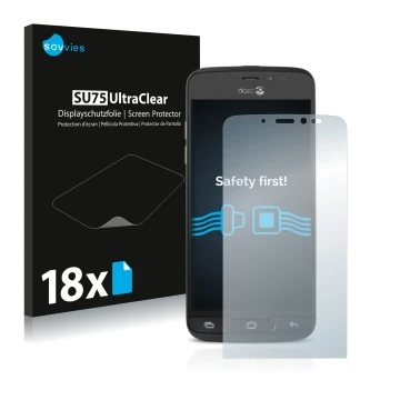 Parte frontal de un envase de producto con el logotipo de la marca Savvies. Al lado se muestra el dispositivo Doro 8040 con su