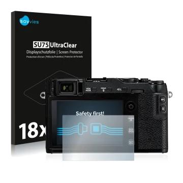 Parte frontal de un envase de producto con el logotipo de la marca Savvies. Al lado se muestra el dispositivo Fujifilm X-E3 co