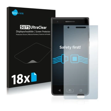 Parte frontal de un envase de producto con el logotipo de la marca Savvies. Al lado se muestra el dispositivo BlackBerry Motio