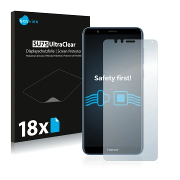 Parte frontal de un envase de producto con el logotipo de la marca Savvies. Al lado se muestra el dispositivo Honor 7X con su 