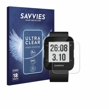 Parte frontal de un envase de producto con el logotipo de la marca Savvies. Al lado se muestra el dispositivo Garmin Forerunne