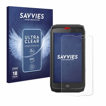 Parte frontal de un envase de producto con el logotipo de la marca Savvies. Al lado se muestra el dispositivo Crosscall Action