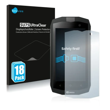 Parte frontal de un envase de producto con el logotipo de la marca Savvies. Al lado se muestra el dispositivo Crosscall Trekke