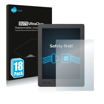 Parte frontal de un envase de producto con el logotipo de la marca Savvies. Al lado se muestra el dispositivo Kobo Aura H2O Ed