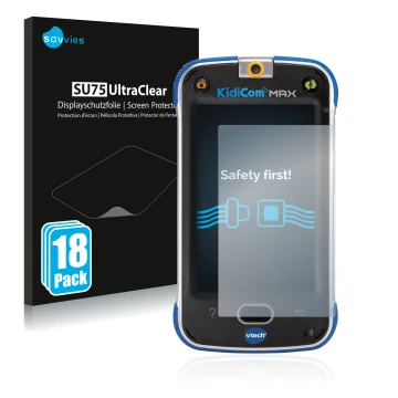 Parte frontal de un envase de producto con el logotipo de la marca Savvies. Al lado se muestra el dispositivo Vtech Kidicom Ma