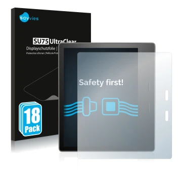 Parte frontal de un envase de producto con el logotipo de la marca Savvies. Al lado se muestra el dispositivo Amazon Kindle Oa