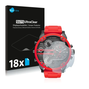 Parte frontal de un envase de producto con el logotipo de la marca Savvies. Al lado se muestra el dispositivo Diesel DZ7370 co