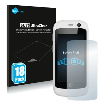 Parte frontal de un envase de producto con el logotipo de la marca Savvies. Al lado se muestra el dispositivo Unihertz Jelly P