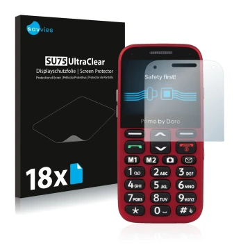 Parte frontal de un envase de producto con el logotipo de la marca Savvies. Al lado se muestra el dispositivo Doro Primo 366 c