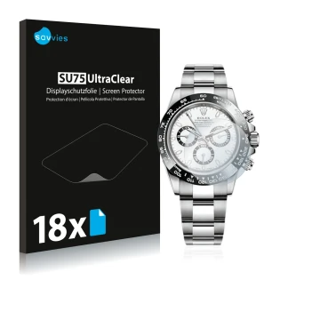 Parte frontal de un envase de producto con el logotipo de la marca Savvies. Al lado se muestra el dispositivo Rolex Cosmograph