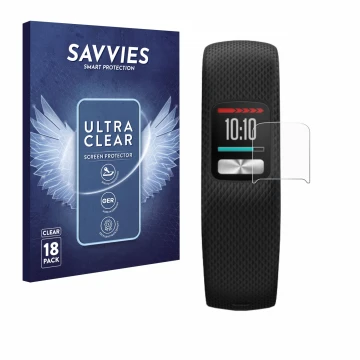 Parte frontal de un envase de producto con el logotipo de la marca Savvies. Al lado se muestra el dispositivo Garmin Vivofit 4