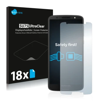 Parte frontal de un envase de producto con el logotipo de la marca Savvies. Al lado se muestra el dispositivo Motorola Moto G6