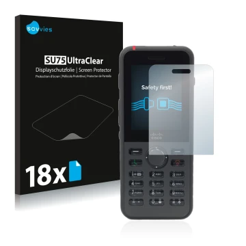 Parte frontal de un envase de producto con el logotipo de la marca Savvies. Al lado se muestra el dispositivo Cisco IP Phone 8