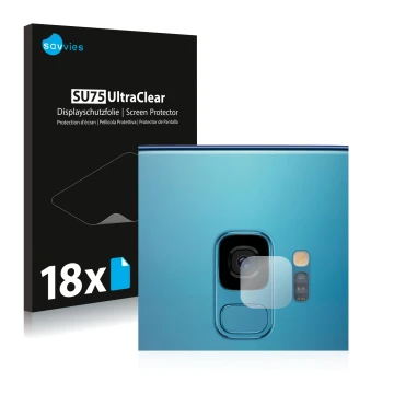 Parte frontal de un envase de producto con el logotipo de la marca Savvies. Al lado se muestra el dispositivo Samsung Galaxy S