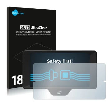 Parte frontal de un envase de producto con el logotipo de la marca Savvies. Al lado se muestra el dispositivo Coyote Nav+ 2017