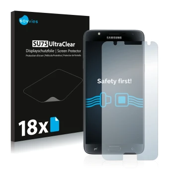 Parte frontal de un envase de producto con el logotipo de la marca Savvies. Al lado se muestra el dispositivo Samsung Galaxy J