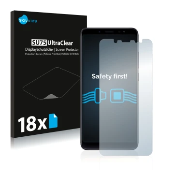 Parte frontal de un envase de producto con el logotipo de la marca Savvies. Al lado se muestra el dispositivo Xiaomi Redmi Not