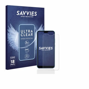 Parte frontal de un envase de producto con el logotipo de la marca Savvies. Al lado se muestra el dispositivo Huawei P20 lite 