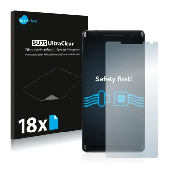 Parte frontal de un envase de producto con el logotipo de la marca Savvies. Al lado se muestra el dispositivo Nokia 8 Sirocco 