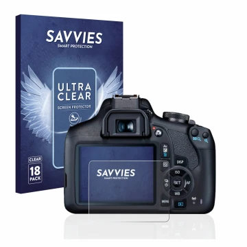 Parte frontal de un envase de producto con el logotipo de la marca Savvies. Al lado se muestra el dispositivo Canon EOS 2000D 