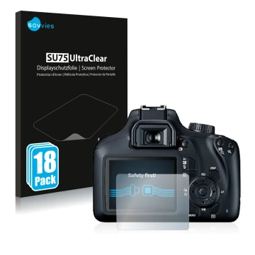 Parte frontal de un envase de producto con el logotipo de la marca Savvies. Al lado se muestra el dispositivo Canon EOS 4000D 