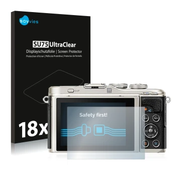 Parte frontal de un envase de producto con el logotipo de la marca Savvies. Al lado se muestra el dispositivo Olympus PEN E-PL