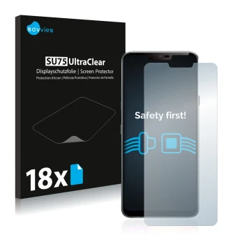 Parte frontal de un envase de producto con el logotipo de la marca Savvies. Al lado se muestra el dispositivo LG G7 ThinQ con 