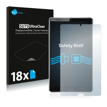 Parte frontal de un envase de producto con el logotipo de la marca Savvies. Al lado se muestra el dispositivo Huawei MediaPad 
