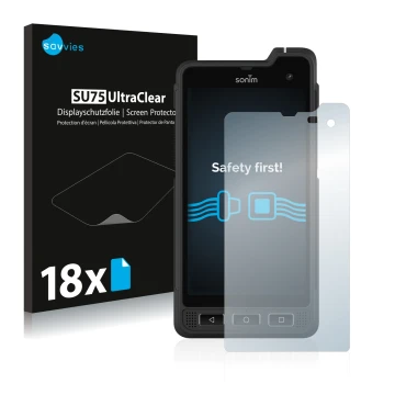 Parte frontal de un envase de producto con el logotipo de la marca Savvies. Al lado se muestra el dispositivo Sonim XP8 con su