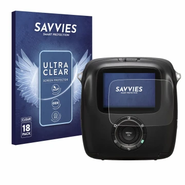 Parte frontal de un envase de producto con el logotipo de la marca Savvies. Al lado se muestra el dispositivo Fujifilm Instax 