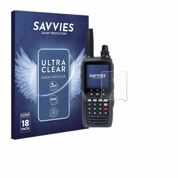 Parte frontal de un envase de producto con el logotipo de la marca Savvies. Al lado se muestra el dispositivo Yaesu FTA-450 co
