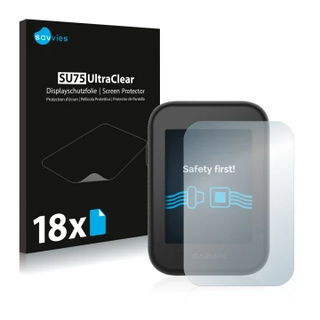 Parte frontal de un envase de producto con el logotipo de la marca Savvies. Al lado se muestra el dispositivo Garmin Approach 