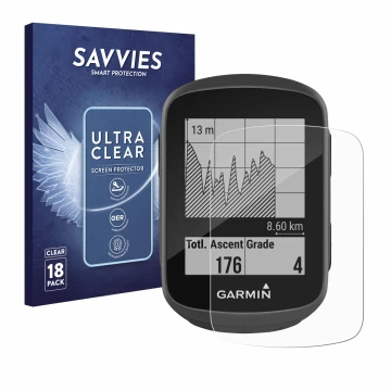 Parte frontal de un envase de producto con el logotipo de la marca Savvies. Al lado se muestra el dispositivo Garmin Edge 130 