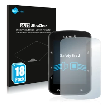 Parte frontal de un envase de producto con el logotipo de la marca Savvies. Al lado se muestra el dispositivo Garmin Edge 520 