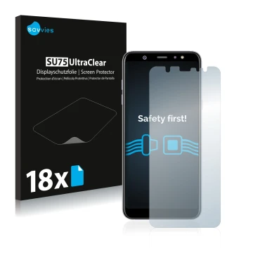 Parte frontal de un envase de producto con el logotipo de la marca Savvies. Al lado se muestra el dispositivo Samsung Galaxy A