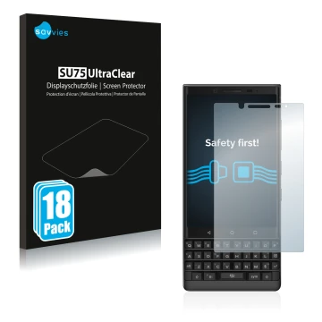 Parte frontal de un envase de producto con el logotipo de la marca Savvies. Al lado se muestra el dispositivo BlackBerry Key2 