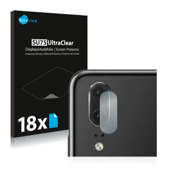 Parte frontal de un envase de producto con el logotipo de la marca Savvies. Al lado se muestra el dispositivo Huawei P20 (SÓLO