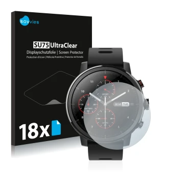 Parte frontal de un envase de producto con el logotipo de la marca Savvies. Al lado se muestra el dispositivo Huami Amazfit St