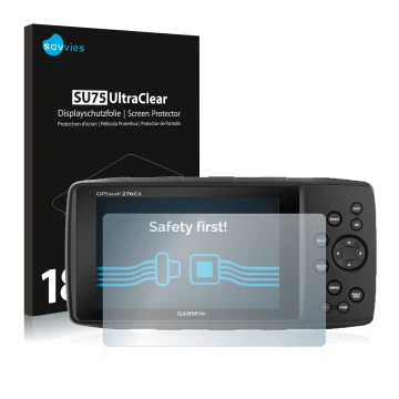 Parte frontal de un envase de producto con el logotipo de la marca Savvies. Al lado se muestra el dispositivo Garmin GPSMAP 27