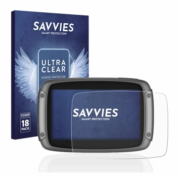 Parte frontal de un envase de producto con el logotipo de la marca Savvies. Al lado se muestra el dispositivo TomTom Rider 550